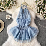 Fongt And Summer 2025 New Products Hanging Neck Bare Back Texture Crippling Poneng Dress To Close The Waist Tie Sweet Holiday Wind