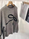Fongt New 2024 Korean Version Of The Versatile Design Bow Knit Loose Soft Waxy Round Collar Sweater-Outfit