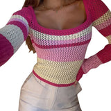 Knitted Panelled Women Sweater 2022 Autumn Winter Square Collar Slim Female Pullover Long Sleeve Hollow Out Lady