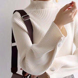 Women Autumn And Winter Half High Collar Knitted Sweaters Solid Female Soft Elastic Soild Color Pullover Button Full Sleeve