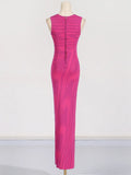Fongt 2025 New Round-Neck Elastic Body Abstract Cuffless Knitted Long Dress Women Tight-Up