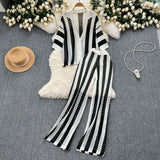 Fongt Women's Summer V-Neck Loose Knitted Cardigan Top + Broad Leg Trousers Set With Striped Hollow Set