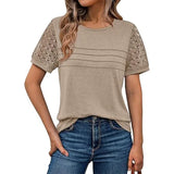 Fongt New Women's Round Collar Casual T Overalls Solid Color Lace Sleeve Top
