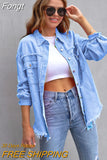 Holes Raw-edges Denim Jacket Women Spring Autumn Shirt Style Jeancoat Casual Top Rose-Red Orange Purple Outerwear Lady