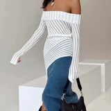 Fongt 2025 New French Open Shoulder Long Sleeve Design Knitting Wool Repair Outside The Dress Woman