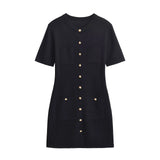 Style French Round Collar Single-Breasted Button Design Feeling Slim Hip Knitted Dress Women 3471011-Outfit