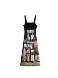 Women's Summer Black Dress Vintage Elegant Strap Graphic Print Off Shoulder Dress Party Club A-line Kawaii Square Collar