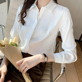Elegant Satin Blouse Autumn Spring Turn-Down Collar Single-Breasted Long Sleeve Female Chiffon Shirt Ladies Blouse