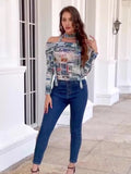 Girls Style Tie One-Word Shoulder Long-Sleeved Sexy Newspaper Printed Blouse 2024 Spring And Autumn New T-Shirt-Outfit