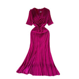 Fongt Woman Sexy Collar Short Sleeve Dress Female High-End Royal Sister Repair Hot Diamond Open Fork Long Fishtail Dress