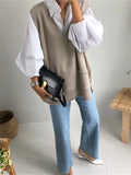 2022 New Sleeveless Vest Knitting Pockets Oversize Wild Split Autumn Winter Women Sweaters Pullover Knitwear