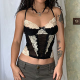 Spring And Summer New Products Perspective Sexy Gentle Net Lace Splicing Color Bow Tie Halter Vest Girl-Outfit