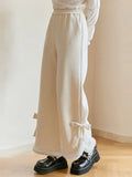 Kawaii Warm Wool Pants Women Korean Style Sweet Wide-legged Pants Female Bow Loose Casual Elegant Cute Pants Winter