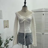 Fongt Shooting Merard Wind Strapted Bow Splicing Lace Pure Desire Blouse Folding Body Short Blouse 6015