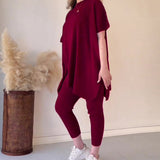 Fongt 2025 New Solid Color Round Neck Large-Size Short-Sleeved Knitted Shirt Casual Set