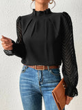 Fongt Women's Autumn And Winter New Half-High Collar Spliced Wave Chiffon Long-Sleeved Top Woman