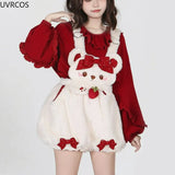 Kawaii Lolita Plush Overalls Shorts Women Cute Bear Strawberry Hot Short Pants Bow Bloomers Shorts Female Y2k Clothing-Outfit