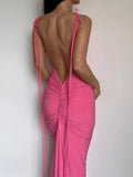 Women Sexy Long Dress Slim Backless Tie Up Solid Halter Sleeveless Strap Summer Clubwear Beach Ruched Dress Vestidos-Outfit