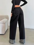 Fongt Straight Trousers Feet Spliced Leopard Trousers Babes Essential Personality Leopard Print Base Black High-Waisted Thin Jeans