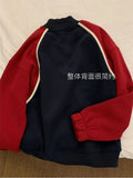 Women's Clothing Mid Height Collar Sweatshirt Pullover Patchwork Contrast Color Aesthetic Harajuku Casual Loose Long Sleeve