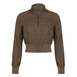 Waist Jacket 2023 Fall New Vintage Brown Zipper High Collar Thin Leisure Fashion Jacket-Outfit