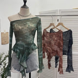 Millennial Y2k Babes Oblique Shoulder Thin Mesh Print Top Irregular Lotus Leaf Side Ribbon Short T-Shirt