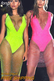 Rhinestones See Through Mini Dress Sexy Sleeveless Fishnet Hollow Out Dresses Women Summer Beach Sexy Cover