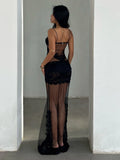 Fongt Women's Sexy Elegant Lace Splicing Sexy Perspective Pull-Up Slinged Dress 2025