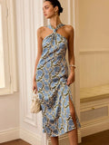Fongt New Women's Holiday Style Hanging Neck Sling Skirt French Temperament Print Dress