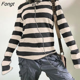 Women Fairy Grunge Knit Basic Shirt Autumn Y2K Grey Black Striped Long Sleeve Round Neck Tops Emo