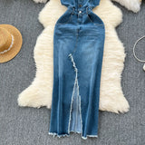 Fongt Port Style Vintage Denim Dress Design With A Long Sling Dress In The Fork