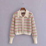Women Retro Stripe Stitching Hollowed Out O-neck Knitted Cardigan Short Top Vintage