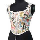 Fongt Ancient Printed Corset New French Retro Court Front Strap U Tie Leaf Printed Vest Female Wear