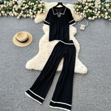 Fongt Version Of Retro Fashion Collar Collar Short-Sleeved Knitting Top + High-Waisted Casual Broad-Legged Trousers 2025 Summer Set