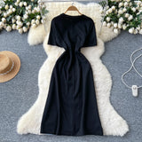 Fongt Version Of Fashion Elegant Irregular Short Sleeve Splicing Diamond-Singed Waist Denim Dress Women's Summer Open Fork Long Dress
