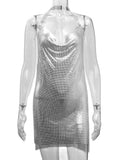 Luxury Sequined Low Cut Halter Mini Dress Backless Patchwork Split Sleeveless Hollow Out Party Sexy Women Solid
