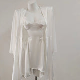 Fongt New Spring And Summer Sexy Pajamas Female Thin Hollow Lace Splicing Ice Silk Folds Slimming Slings Sleep Skirt