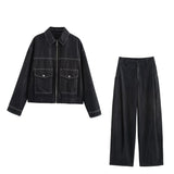 Fongt 2025 New Set Jacket Jacket Denim Effect Folding Trousers Design Sense