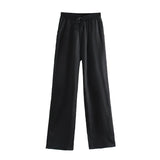 Women Simply Solid Green Color Pockets Casual Straight Pants Female Chic Elastic Waist Lace Up Summer Long Trousers
