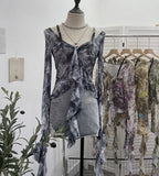 Fongt Retro Oil Painting Wind Dyed Lotus Leaf Side Sling T-Shirts Long Sleeves Drifting Coat 2658