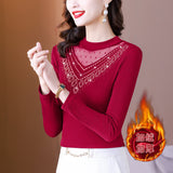 Fongt Photo # Autumn / Winter Long Sleeve And Velvet Top Women's High-End T-Shirt With A Versatile Lace Bottom Shirt-Outfit