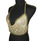 Women Backless Luxury Rhinestone Camis Crop Top Fashion Chunky Metal Chain Diamond Hollow Out Plunge Halter Tank