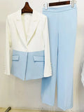QUALITY New 2023 Designer Runway Suit Set Women's Career Slim Fit Single Button Color Block Blazer Suit Pants Set Two