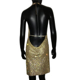 Crystal Rhinestone Drape Backless Dress 2023 NEW Mesh Sequin Bodycon Club Halter 2 Slits Evening Party Christmas Mini
