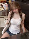 New Mesh Patchwork Tank Top Summer Sleeveless Tops Mujer Y2k E-Girl Slim Fit Diamond White Vest for Women-Outfit
