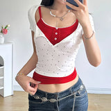 Spice Girl Wave Point Impact Color Two Sets Of Tight Impact Color Lace Suspenders Small Vest Half-Button Short-Sleeved Knitted Blouse-Outfit