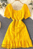 Square Collar Hollow Out Dress Women Summer Short Sleeve Ruffles Short Dresses Woman Beach Dress