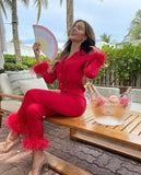 Satin Women Pajamas 2 Piece Set Sleepwear with Feather Cuff Soft Elgant Pajamas Women Nightgown Luxury Ladies'