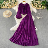 Fongt Style Pink Three-Dimensional Flower Collar Lantern Sleeve Shirt Lady Autumn High-Rise Dress Set