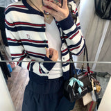 Fongt Color Design Sense Retro Striped Knitted Cardigan Women's Spring And Summer College Style Sweater Tibetan Blue Short Skirt Two-Piece Set